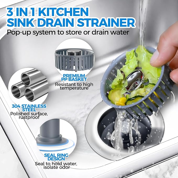 zaa 3 in 1 Kitchen Sink Drain Strainer Stopper Removable Basket Pop-Up | Kitchen Sink Accessories 3 Pack Silver Stainless - Food Catcher, Odor-Blocking Seal, Fits 3.5" Drain, Easy Clean