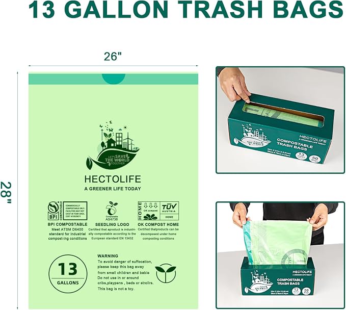 13 Gallon,50 Count Compostable Trash Bags with Home | Multi-scenario usage, Compostable,Large capacity,ASTM D6400,US BPI and Europe OK Compost Home Certified