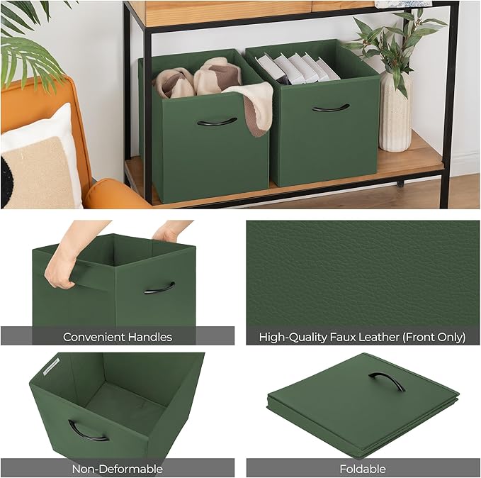 StorageWorks 13x13 Storage Cubes, Cube Organizer Bins, Green, 4-Pack | Reinforced Handle & Front Panel, Faux Leather Front, Non-woven Fabric, Collapsible, Space-Saving, For Closet, Bedroom, Office