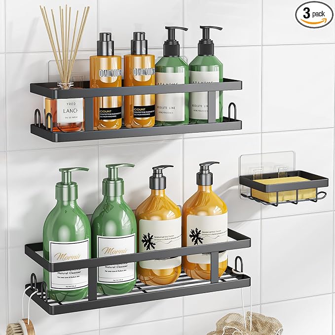 Youvip Adhesive Shower Caddy, Black, 3 Pack | Shower Shelves, Soap Holder and 12 Hooks, Rustproof, No Drilling, Bathroom Organizer and Storage