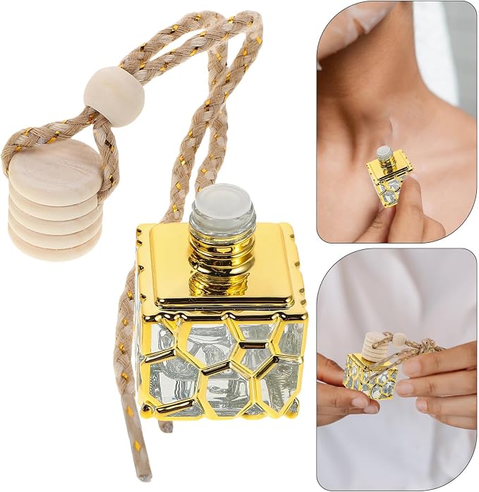 3pcs Ml Refillable Hanging Perfume Bottle with Compact Square Design, Made of Wood, Glass, and Aluminum Alloy, for DIY Perfume Creation and Travel, Elegant Golden Car Air Freshener