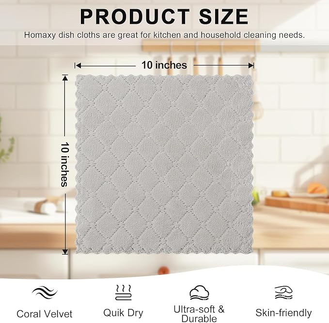 Homaxy 24 Pack Super Soft & Absorbent Dish Cloths, 10" x 10", Grey | Coral Velvet, Nonstick Oil Fast Drying Microfiber Cleaning Cloth, No Lint Household Dishcloths