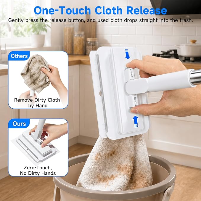 Multi-Purpose Mini Dust Mop, 39" Lightweight Small Kitchen Cleaning Tool | One-Click Grip, Great for Cabinet, Countertops & Walls, No-Touch, Use Paper Towels, Wipes & Rags, Traps & Locks Dust, Dirt