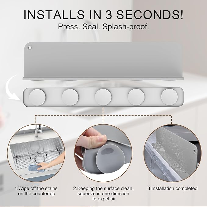 Mofason Silicone Sink Splash Guard for Kitchen Sink Water Splash Guard Grey | 17.3"x4.1" in splash guard for kitchen counter sink area behind faucet with suction cup, sink backsplash guard for front edge