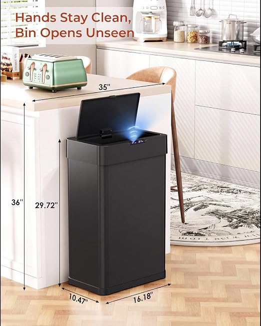 TLSUNNY 18.5 Gallon Motion Sensor Trash Can,Touchless Automatic Garbage Can | Brushed Stainless Steel Smart Bin ,with Bag Holder,Soft Close Lid,for Kitchen,Office,RV,Bedroom,Living Room (Black, 70L)