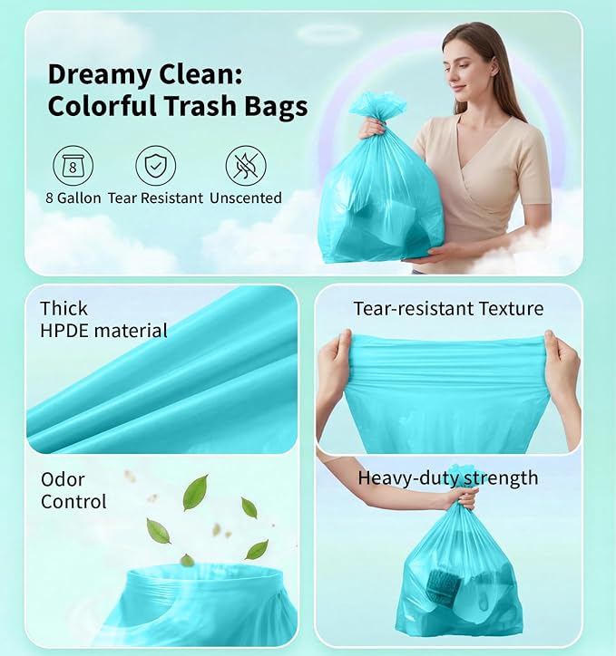 Medium 8 Gallon Trash Bags Unscented, 0.94 Mil, Blue, 150 Count | 30 Liter Garbage Bag, Plastic Waste Basket Can Liners, Thick, Leakproof, Tear Resistant, for Bathroom Office Kitchen Bulk