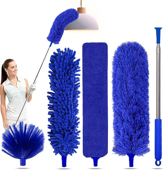 Duster with Extension Pole - Blue | 5-in-1 Kit Dusters for Cleaning, Extendable Duster with 100 Inches, Microfiber Dusters for Ceiling Fans, Furniture, Blinds