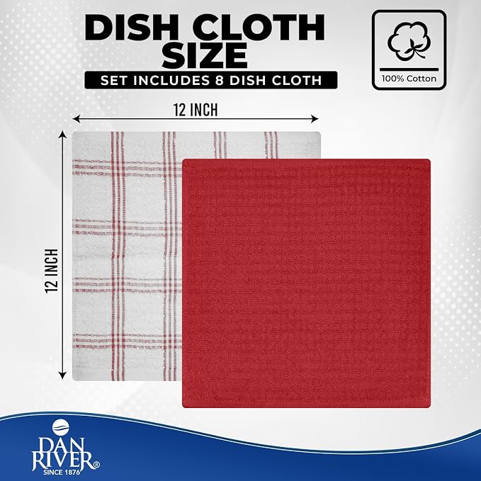 DAN RIVER Premium Dish Cloth 100% Cotton 12X12 Inches |Pack of 8|-Red | Terry Kitchen Towels Ultra Soft Tea Towels-Highly Absorbent Kitchen Rags-Terry Dishcloth for Kitchen and Household Cleaning
