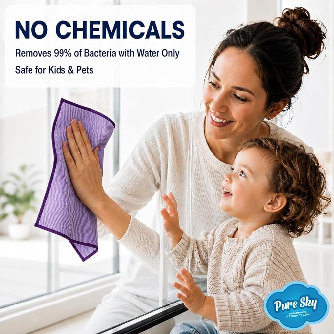 Pure Sky Window & Glass Cleaning Cloth Patented DUO-FECT Technology Streak-Free, No Chemicals, Removes Up to 99% of Bacteria with Water Only Reusable Microfiber Cleaner for Windows, Mirrors, Cars