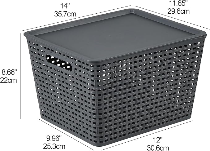 6 Pack Large Plastic Storage Baskets Bins with Lid, Gray | Stackable Storage Basket Organizer Bins with Lids for Organizing Shelves Pantry Closet, 14"x 11.65"x 8.66",
