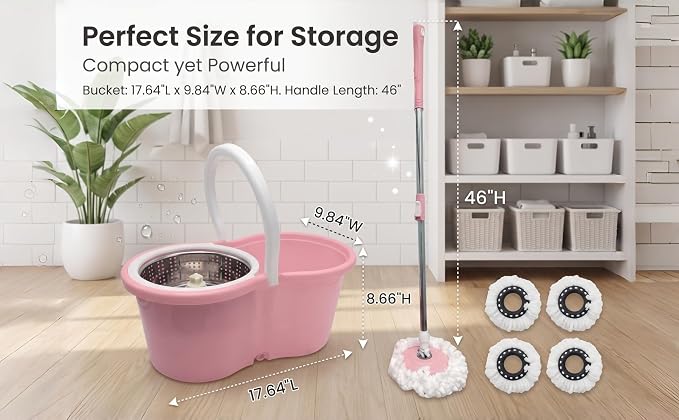 Spin Mop and Bucket Floor Cleaning System with 4 Refills,Pink | Stainless Steel Basket, Hands-Free Wringing, 360° Rotating Head, Adjustable Handle, Machine Washable Refills