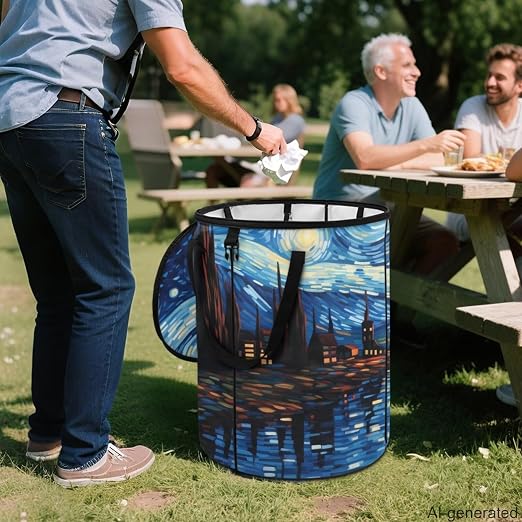 Starry Night Oil Painting 24 Gallon Camping Trash Can Collapsible Outdoor Garbage Can with Lid Waterproof Easy to Clean Reusable Trash Bin for Patio Yard Garden Kitchen Laundry