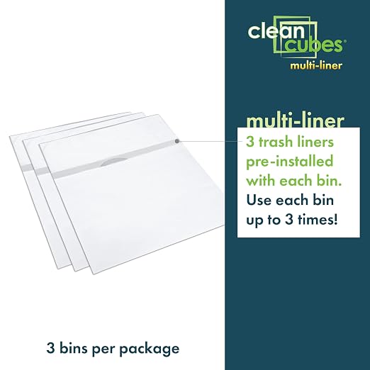 Clean Cubes 13 Gallon Multi-Liner Pop-Up Trash Cans, 3-Pack (White) | 3 Stacked Liners Per Bin, 9 Uses Per Pack, Swap Liners Without Touching Trash, No Assembly, Wire-Reinforced Opening