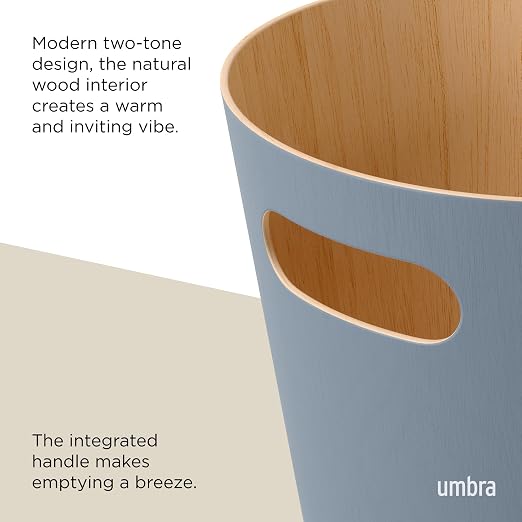 Umbra Woodrow Trash Can, Wooden Wastebasket, 2 Gallon, Slate Blue | Beech wood construction, integrated carry handles, two-tone design, durable build, fits small spaces, bathroom or office