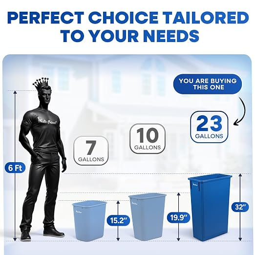 PLASTIC PRINCE 23 Gallon Slim Trash Can Kitchen, Commercial Tall Trash Bin Narrow, Rectangular Slim Jim Skinny Garbage Can for Home Garage Cabinet Restaurant, 2 Pack, Blue