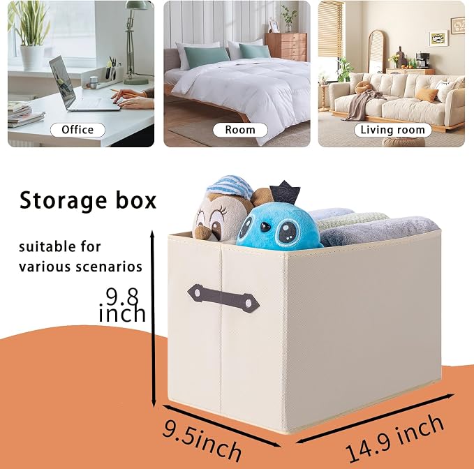 3 Pack Large Collapsible Storage Baskets for Shelves,14.9"x9.5" Fabric Closet storage Boxes with Leather Handles,Decorative Organizers Storage Bins for Clothes,Sheets,Toys,Books,Creamy-White