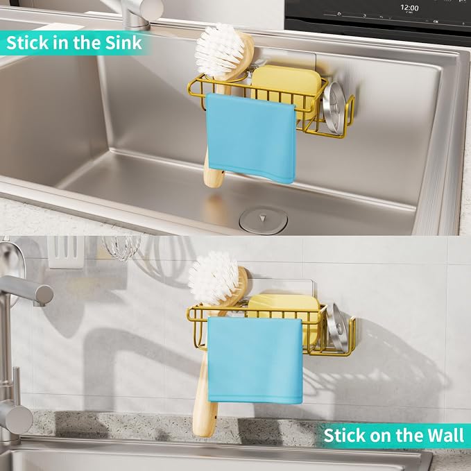 HapiRm Sponge Holder for Kitchen Sink, No Drill Kitchen Sink Caddy Organizer, Rustproof Dish Sponge Holder- Gold(8.73 * 3.54 * 2.36in)