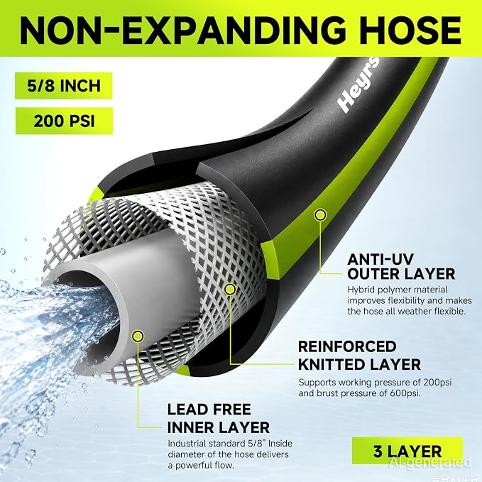 Garden Hose 75ft x 5/8", NON-EXPANDABLE Water Hose Heavy Duty, Flexible, Lightweight, Kink Resistant & Outside Hybrid Hose, Male to Female Fittings