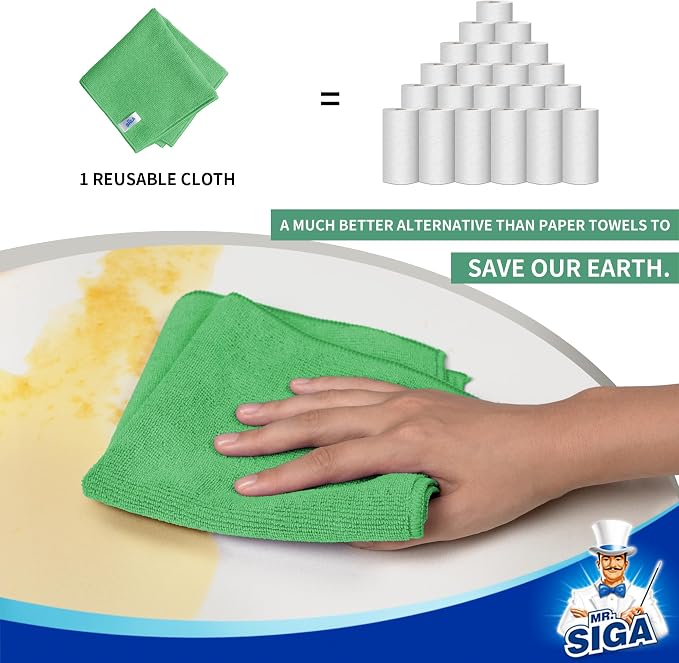 MR.SIGA Microfiber Cleaning Cloths, Streak Free Microfiber Towels, 12 Pack | All-purpose microfiber cloths, ultra absorbent, reusable household cleaning towels, Green, 32 x 32 cm(12.6 x 12.6 inch)