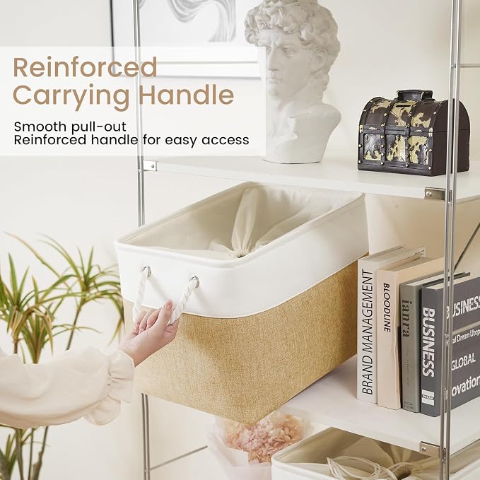 16x12x12 In Foldable Fabric Large Storage Bins with Handle 1 Pack | Storage Basket with Draw String Top, Sturdy Metal Strand, Cardboard Support Molding, for Shelf, Closet, Bedroom, White/Khaki
