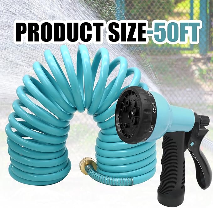 50ft Garden Hose, EVA Curly Water Retractable | Brass Connectors, 8-Pattern Function Sprayer, Corrosion Resistant Coil, For Gardening Homeowners