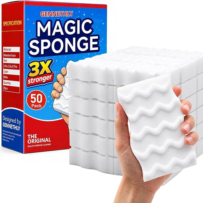 3X Density Magic Sponge Eraser, 50 Pack Cleaning Sponge for Kitchen & Bath | 3X density foam, Extra durable sponge, Ergonomic wavy grip, Deep cleaning power, Multi-surface cleaning, 50 pack value
