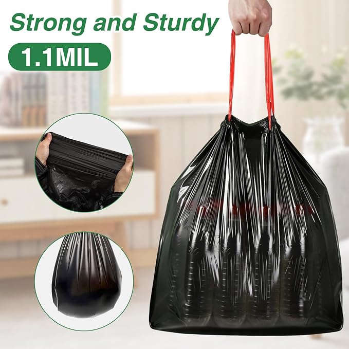 8 Gallon Trash Bag Black Drawstring, 80 Count Heavy Duty Pre-separated Garbage Bags, Thick Trash Bin Liners for Bathroom, Kitchen, Bedroom, Office