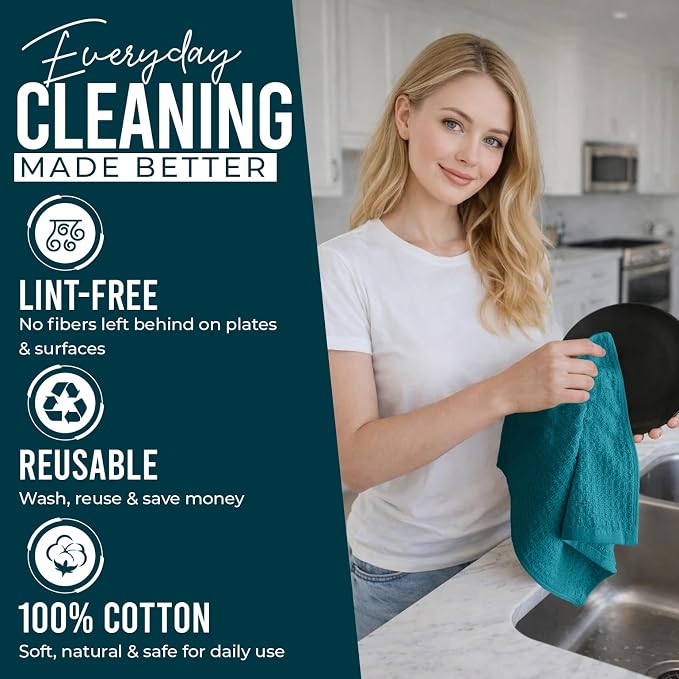 DAN RIVER Premium Dish Cloth 100% Cotton 12 X 12 Inches |Pack of 8|-Teal | Terry Kitchen Towels Ultra Soft Tea Towels-Highly Absorbent Kitchen Rags-Terry Dishcloth for Kitchen and Household Cleaning
