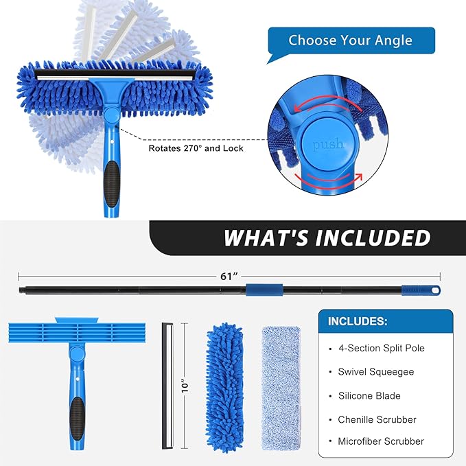 VITEVER Professional 69'' Window Squeegee Cleaner Tool with Extension Pole, 2-in-1 Squeegee for Window Cleaning Kit with Scrubber and Rotating Head, 1 Blade 2 Scrubber (Pack of 2)