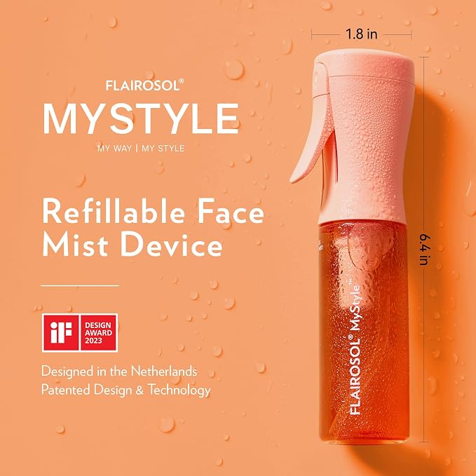 FLAIROSOL MyStyle Travel Continuous Spray Bottle, 3.04oz/90ml, Peach | Portion control mist for air fryer, salad, BBQ, refillable & reusable, fine mist olive oil kitchen sprayer, anti-drip