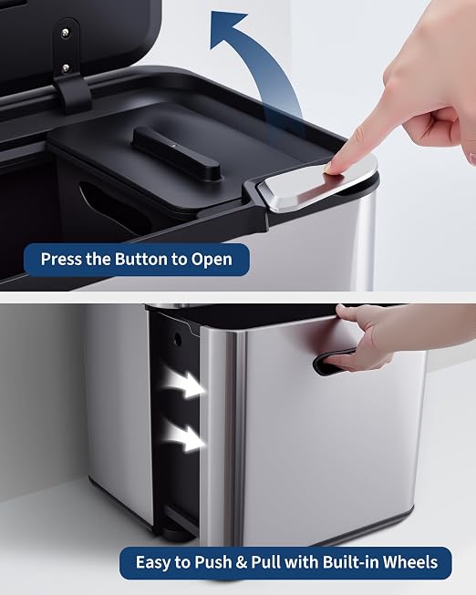 Garvee Dual Trash Can for Kitchen, 2 Compartment (33L + 28L) Garbage Can | Stainless Steel Trash and Recycle Bin Combo, with Compost Bin, Removable Inner Bucket, Odor Control, Silver
