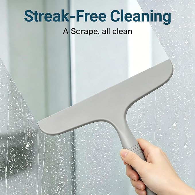 SetSail Shower Squeegee for Glass Doors,One-piece All Silicone Squeegee | Streak-Free Bathroom Squeegee for Shower Glass Window Mirror Tile Wall, Built-in Hook, Ergonomic Grip, Grey（9.5-inch）
