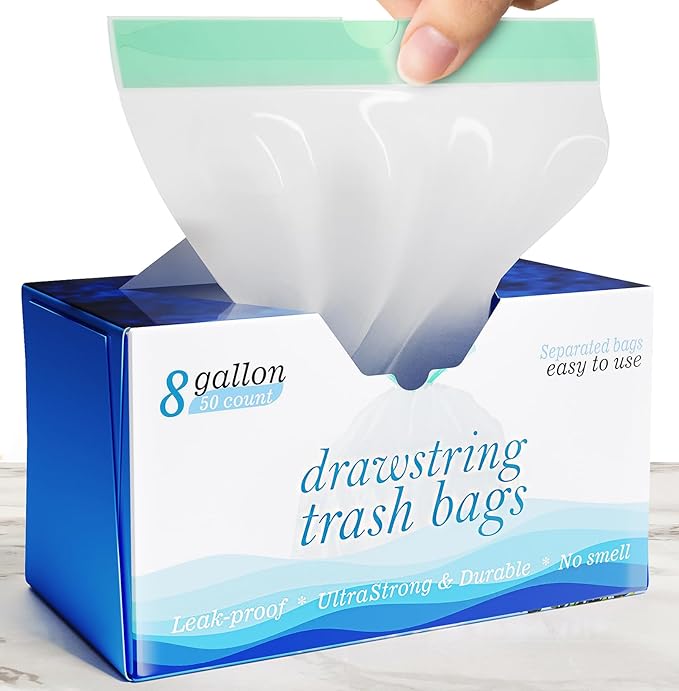8 Gallon Drawstring Garbage Bags 0.8 Mil Ultra Strong Medium Kitchen Trash Bags Medium Plastic Bags - Individual, Unscented, White, 23"x27", 50 Count