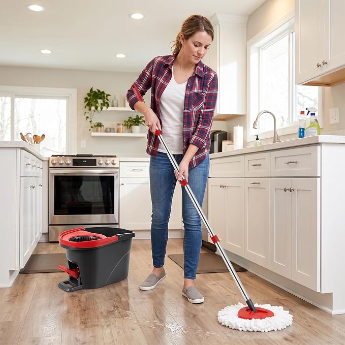 Spin Mop Replacement Head, Brush, Handle, Base for O Cedar 1 Tank System | 2 Microfiber Mops Refills, 2 Scrub Brush Replace Head, 2 Mop Pads, Mop Base, Mop Handle Complete Set for Home, Shower, Office