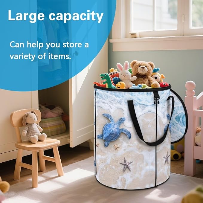 Beach Turtle Collapsible Trash Can – Portable Foldable Garbage Bin for Camping, Picnic, Beach Trips, Heavy Duty 24 Gallon Waterproof Outdoor Trash Bag Holder with Carry Handle