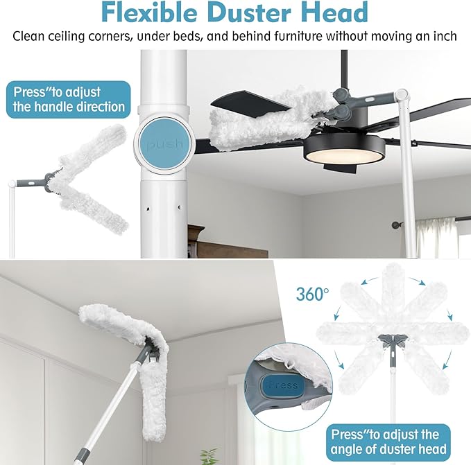 Microfiber Ceiling Fan Cleaner Duster with Extension Pole 59" | 360° Adjustable Head/ Washable/27.5 inch Wide Long Duster for Cleaning Ceiling Fan/High Ceiling/Wall/Blinds/Furniture/White