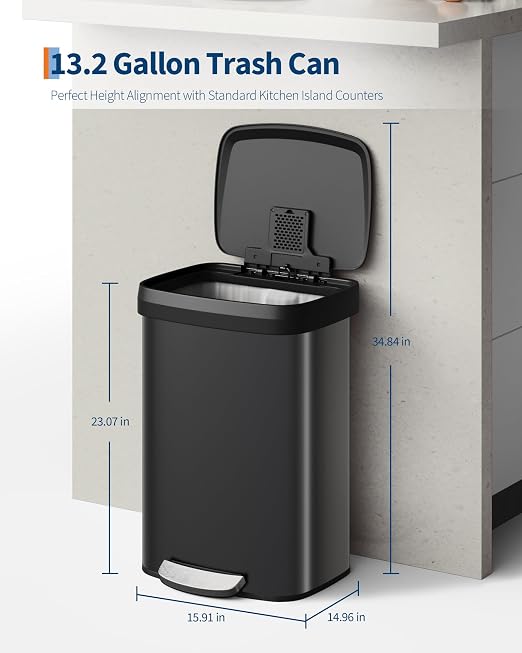 GarveeHome 13 Gal / 50 L Step-on Trash Can, Large Metal Kitchen Garbage Bin with Soft Close Lid, Rustproof Stainless Steel Trash Can, Inner Bucket Rim & Rear Handle, Black