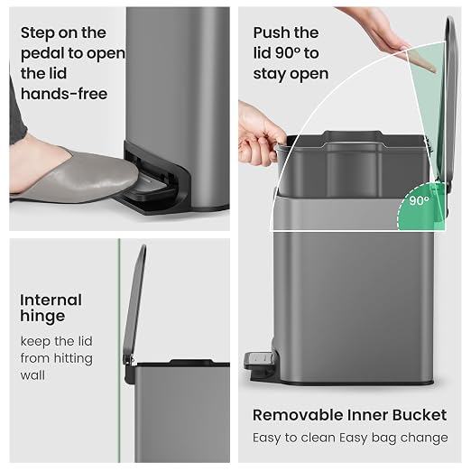 Cesun Small Bathroom Trash Can with Lid, 1.6 Gal, Soft Close, Gray | Step pedal soft close, Slim 5.9in fits narrow spaces, Stainless steel, Anti-fingerprint, Removable inner bucket, Odor seal