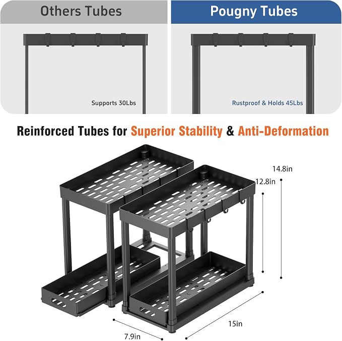 2PC Under Sink Organizer Rack 2 Tier Under Sliding Cabinet Basket Organizer Drawer with 4 Hooks, Multi-purpose Under Sink Storage for Bathroom Kitchen Desktop（Black）