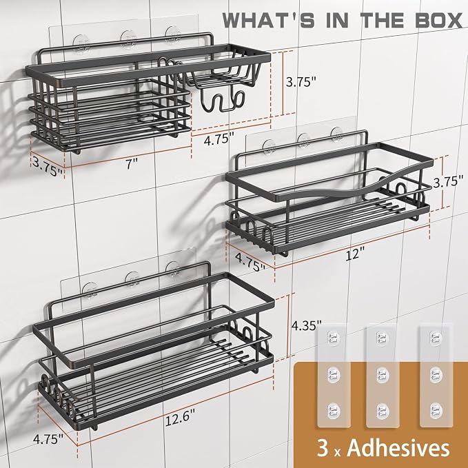 Youvip Shower Caddy, 3 Pack, Black | Large Capacity, No Drilling Adhesive, Rustproof Shelves, Soap Holder