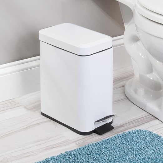 mDesign 5 Liter Rectangular Small Steel Step Trash Can Wastebasket, Garbage Container Bin for Bathroom, Powder Room, Bedroom, Kitchen, Craft Room, Office - Removable Liner Bucket, Matte White