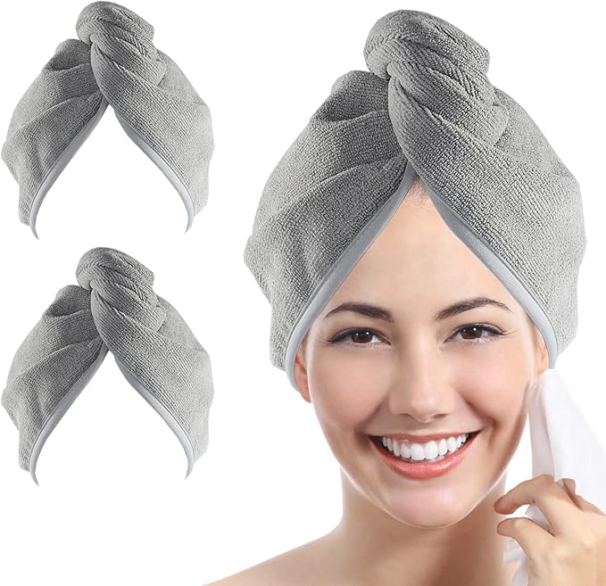 Microfiber Hair Towel Hair Wrap: 2 Pcs 10X26 Hair Dryer Women (Gray) | Absorbent Turban Twist Drying Shower Cap Curly Hairs Products for Hair's Care Accessories