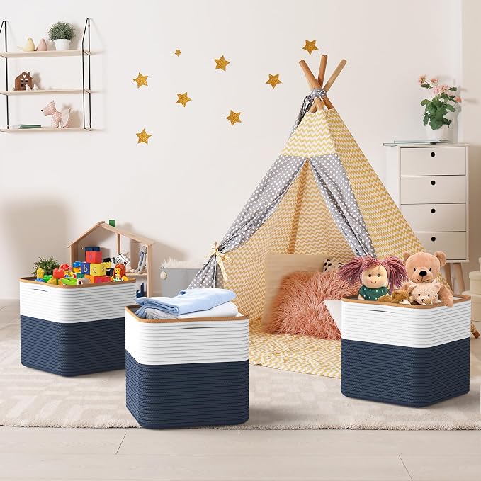 Storage Cotton Cubes 11 Inch, Woven Cotton Rope Storage Baskets for Toys Blanket Organizing, Storage Bins Decorative Organizer with Handles for Living Room Laundry Room Closet (3 Pack, Blue)