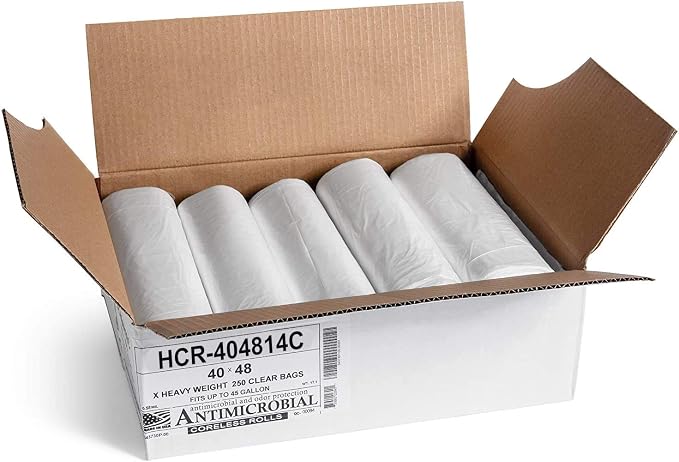 Aluf Plastics 45 Gal Clear Trash Bags, 14 Micron (EQ.), 40" x 48" (250 Pk)