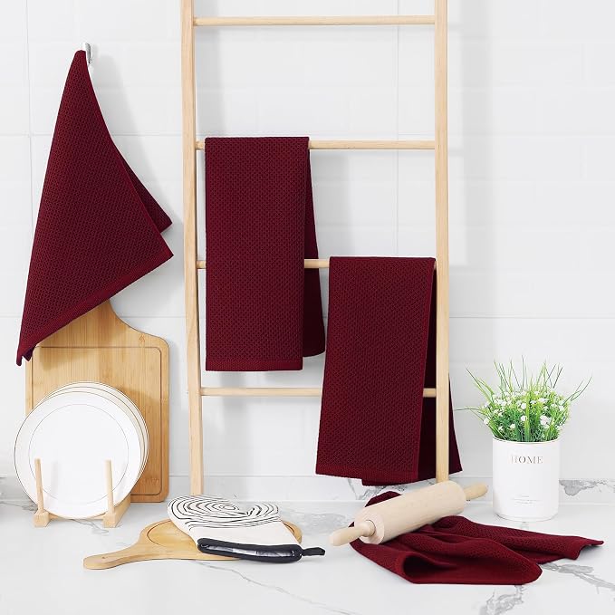 Homaxy 100% Cotton Waffle Weave Kitchen Dish Towels 8-Pack, Burgundy | 13 x 28 Inches, Ultra Soft Absorbent Dish Towels, Quick Drying Cleaning Towels