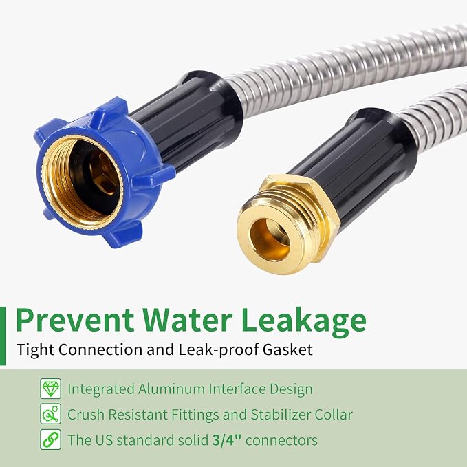 304 Stainless Steel Garden Hose, 50 ft Metal Garden Hose with 3/4" Connector Fittings and Sprayer, Heavy Duty Kink Free Flexible Outdoor Water Hose, Blue