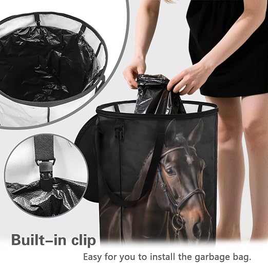 BIGCARJOB Horse Foldable Trash Can Outside Waste Basket Bin Water Resistant Garbage Bag Recycling Bin Trash Can with Lid and Clip(23 Gallons), 22.83x17.71 in