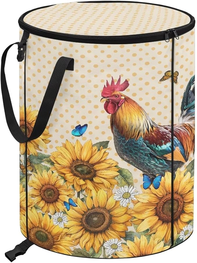 Sunflower Rooster Outdoor Collapsible Trash Can Lightweight & Easy to Carry Pop up Trash Can for Camping Foldable Waterproof Camping Essentials 24 Gal Yard Garden Garbage Bin