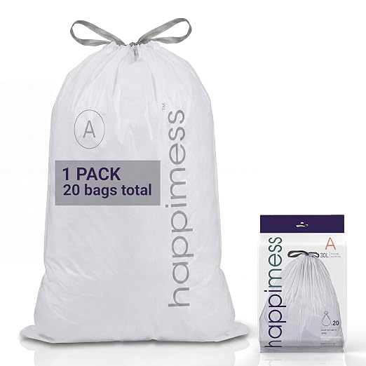 happimess 20-Count Unscented 8 Gal Drawstring Trash Bags, Clear | 30 Liters, Heavy Duty LDPE Plastic, Tear And Puncture Resistant, Tailored Custom Fit, Recyclable