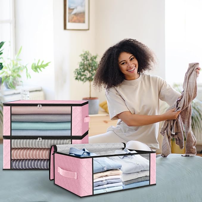 HomeHacks 10-Pack Clothes Organizer Storage Bags, 35L Storage Bins, Pink | Foldable Storage Box Container with Zippers, Clear Window, Reinforced Handles for Closet, Dorm, Pillows, Bedding, Sweater